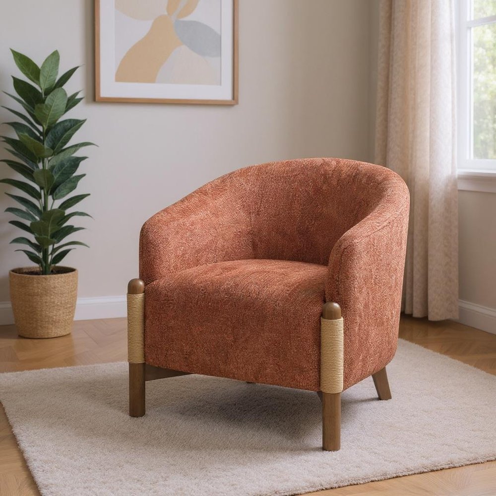 30" Rust and Brown Fabric And Wood Arm Chair HomeRoots