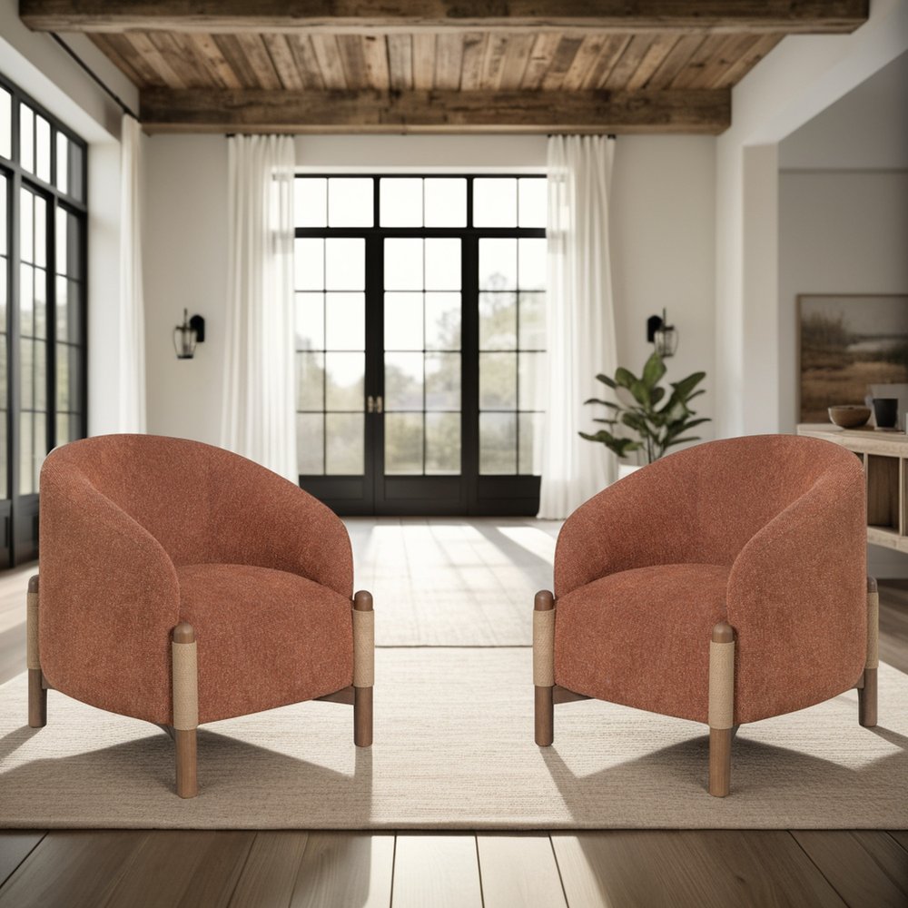 30" Rust and Brown Fabric And Wood Arm Chair HomeRoots