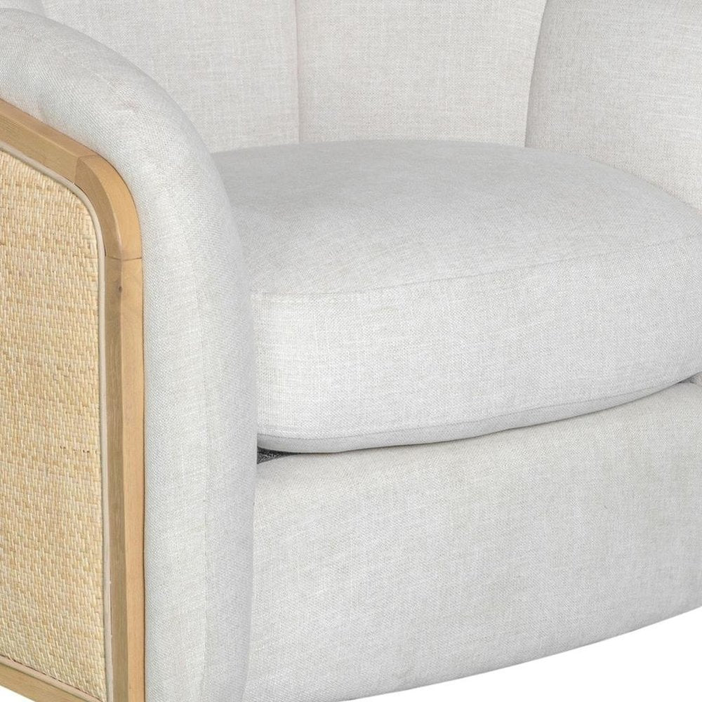 34" Off White and Natural Fabric Wood And Rattan Swivel Arm Chair — view 7