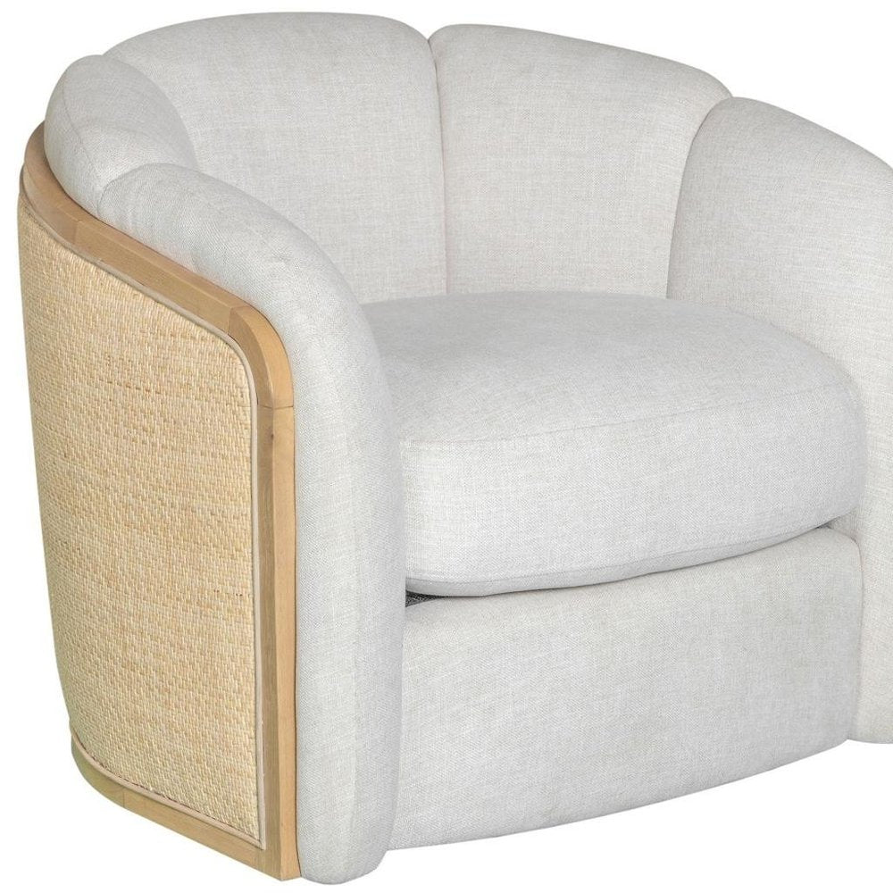 34" Off White and Natural Fabric Wood And Rattan Swivel Arm Chair — view 8