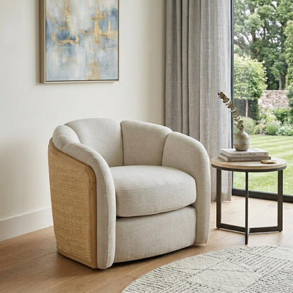 34" Off White and Natural Fabric Wood And Rattan Swivel Arm Chair HomeRoots