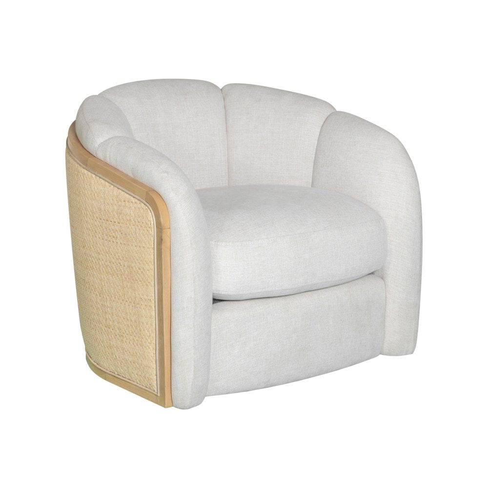34" Off White and Natural Fabric Wood And Rattan Swivel Arm Chair — view 9
