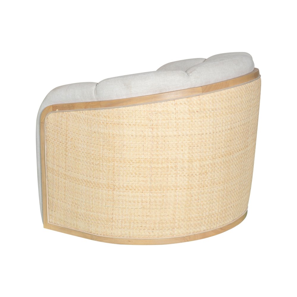 34" Off White and Natural Fabric Wood And Rattan Swivel Arm Chair — view 3