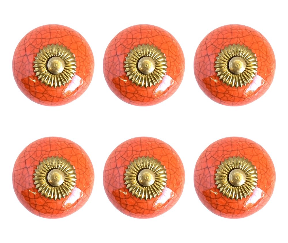 Set of Six Coral And Gold Ceramic Drawer Pull Knobs HomeRoots