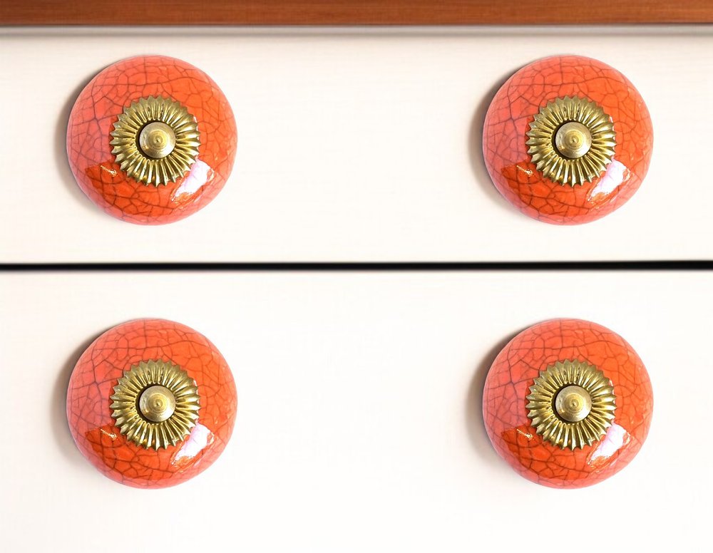 Set of Six Coral And Gold Ceramic Drawer Pull Knobs HomeRoots