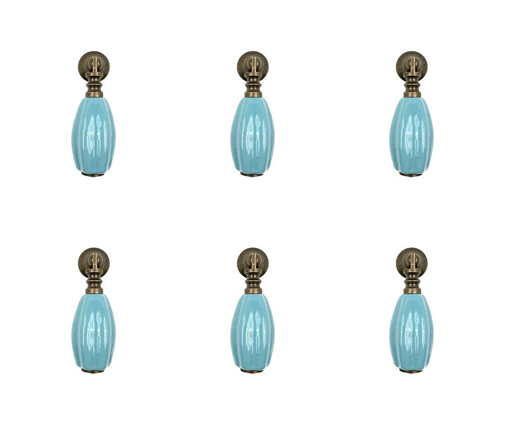 Set of Six Aqua And Brown Oval Knob Ceramic Drawer Pull Knobs HomeRoots