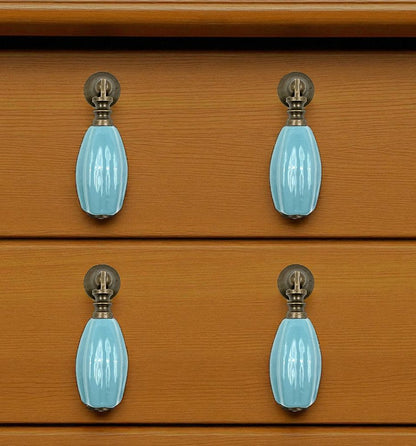 Set of Six Aqua And Brown Oval Knob Ceramic Drawer Pull Knobs HomeRoots