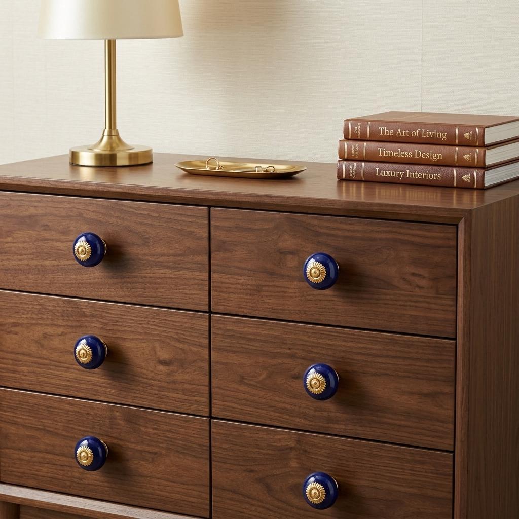 Set of Six Cobalt And Gold Ceramic Drawer Pull Knobs HomeRoots