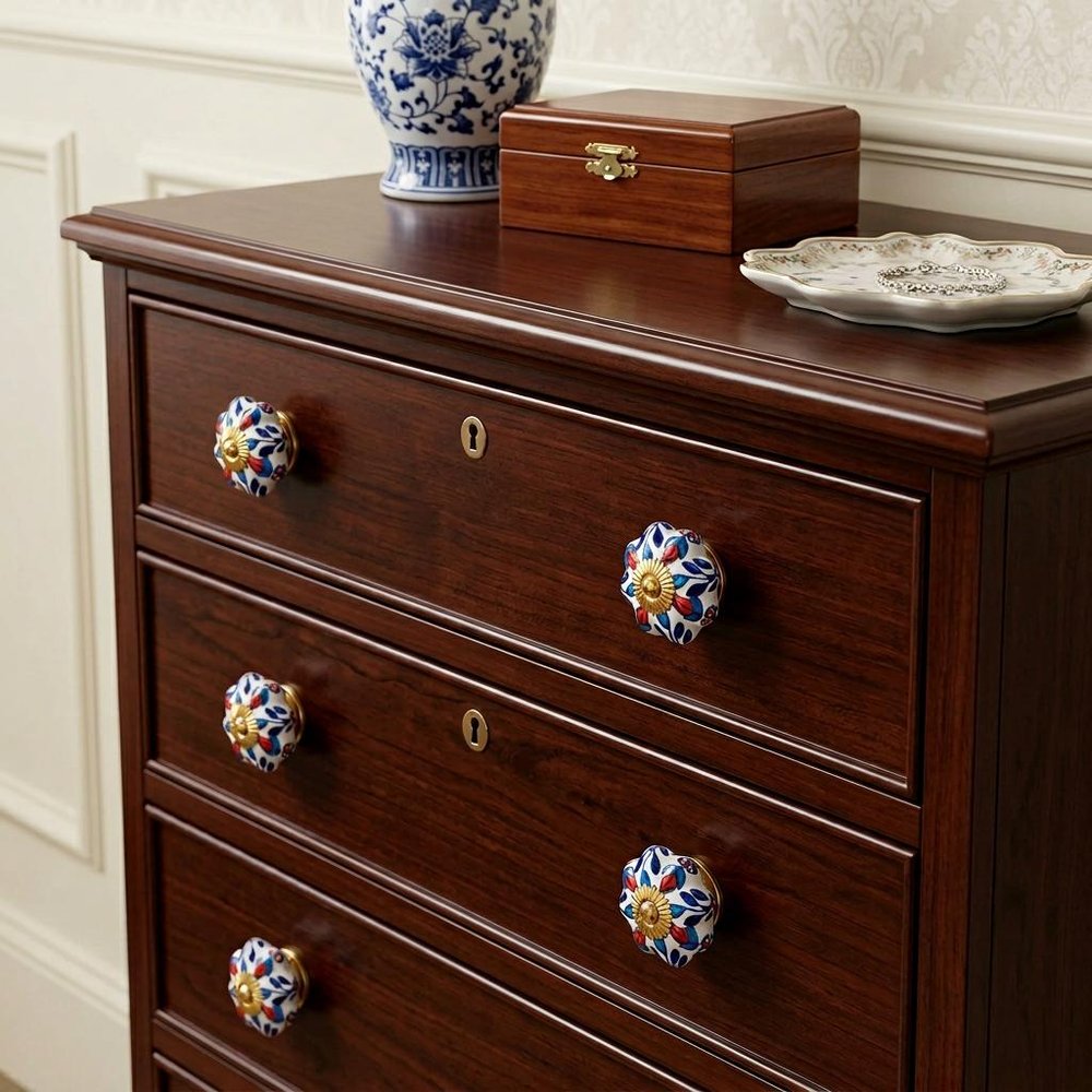 Set of Six Blue Red And White Floral Knob Ceramic Drawer Pull Knobs HomeRoots
