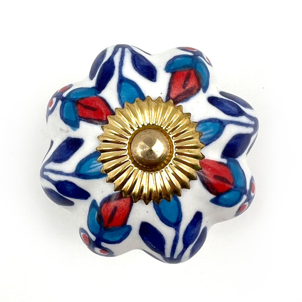 Set of Six Blue Red And White Floral Knob Ceramic Drawer Pull Knobs HomeRoots