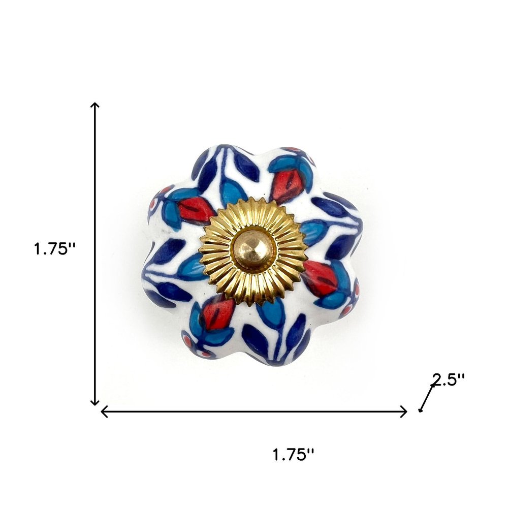 Set of Six Blue Red And White Floral Knob Ceramic Drawer Pull Knobs HomeRoots