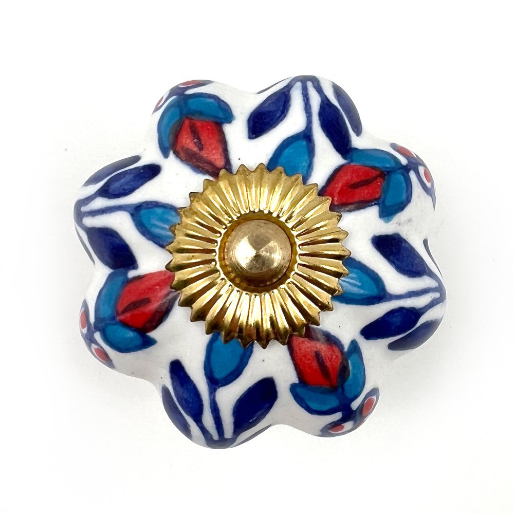 Set of Six Blue Red And White Floral Knob Ceramic Drawer Pull Knobs HomeRoots