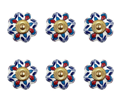 Set of Six Blue Red And White Floral Knob Ceramic Drawer Pull Knobs HomeRoots