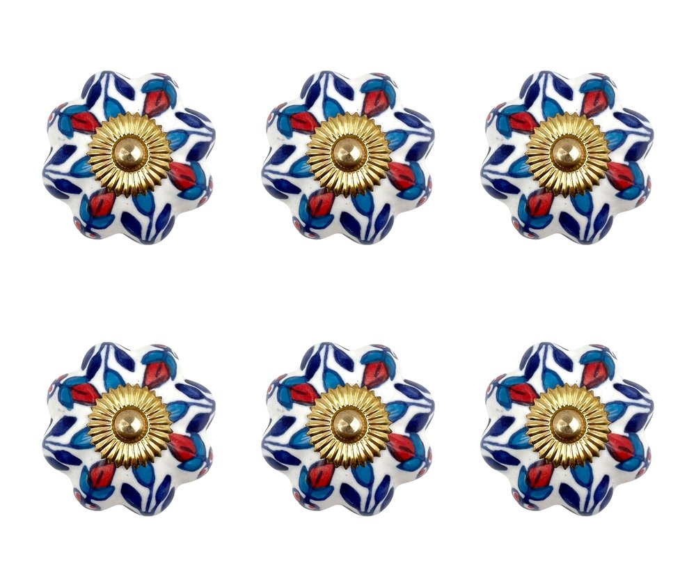 Set of Six Blue Red And White Floral Knob Ceramic Drawer Pull Knobs HomeRoots