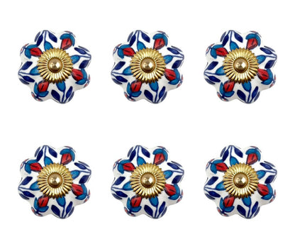 Set of Six Blue Red And White Floral Knob Ceramic Drawer Pull Knobs HomeRoots
