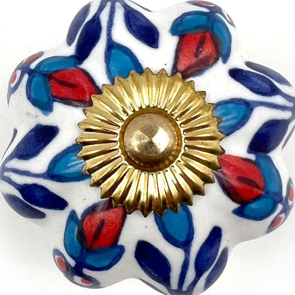 Set of Six Blue Red And White Floral Knob Ceramic Drawer Pull Knobs HomeRoots
