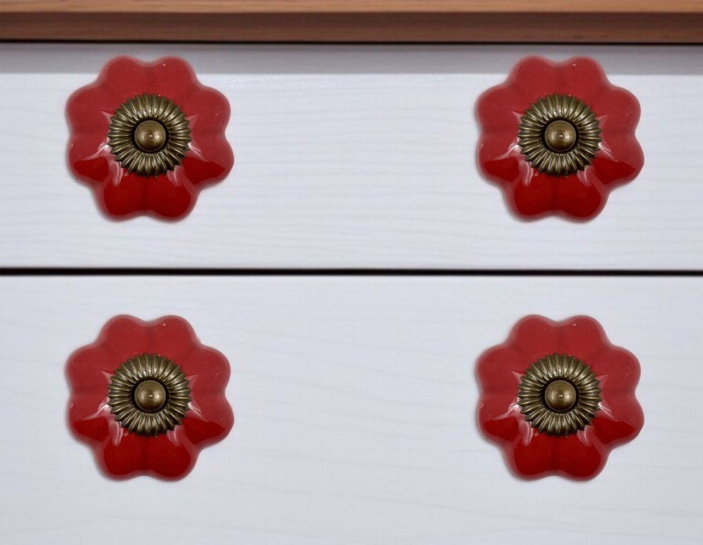 Set of Six Red Floral Knob Ceramic Drawer Pull Knobs HomeRoots
