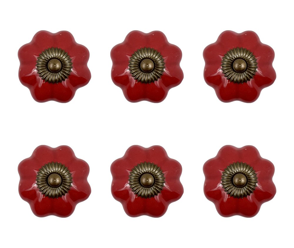 Set of Six Red Floral Knob Ceramic Drawer Pull Knobs HomeRoots