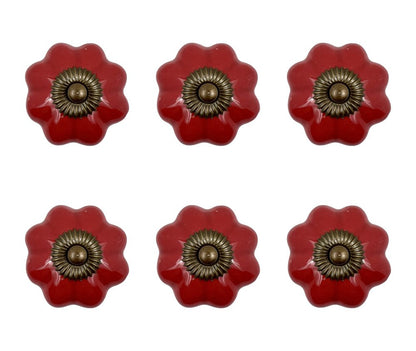 Set of Six Red Floral Knob Ceramic Drawer Pull Knobs HomeRoots
