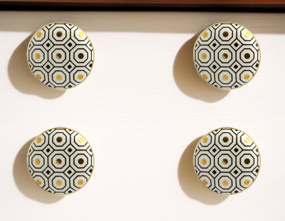 Set of Six Gold Silver And White Geometric Ceramic Drawer Pull Knobs HomeRoots