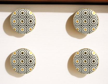 Set of Six Gold Silver And White Geometric Ceramic Drawer Pull Knobs HomeRoots