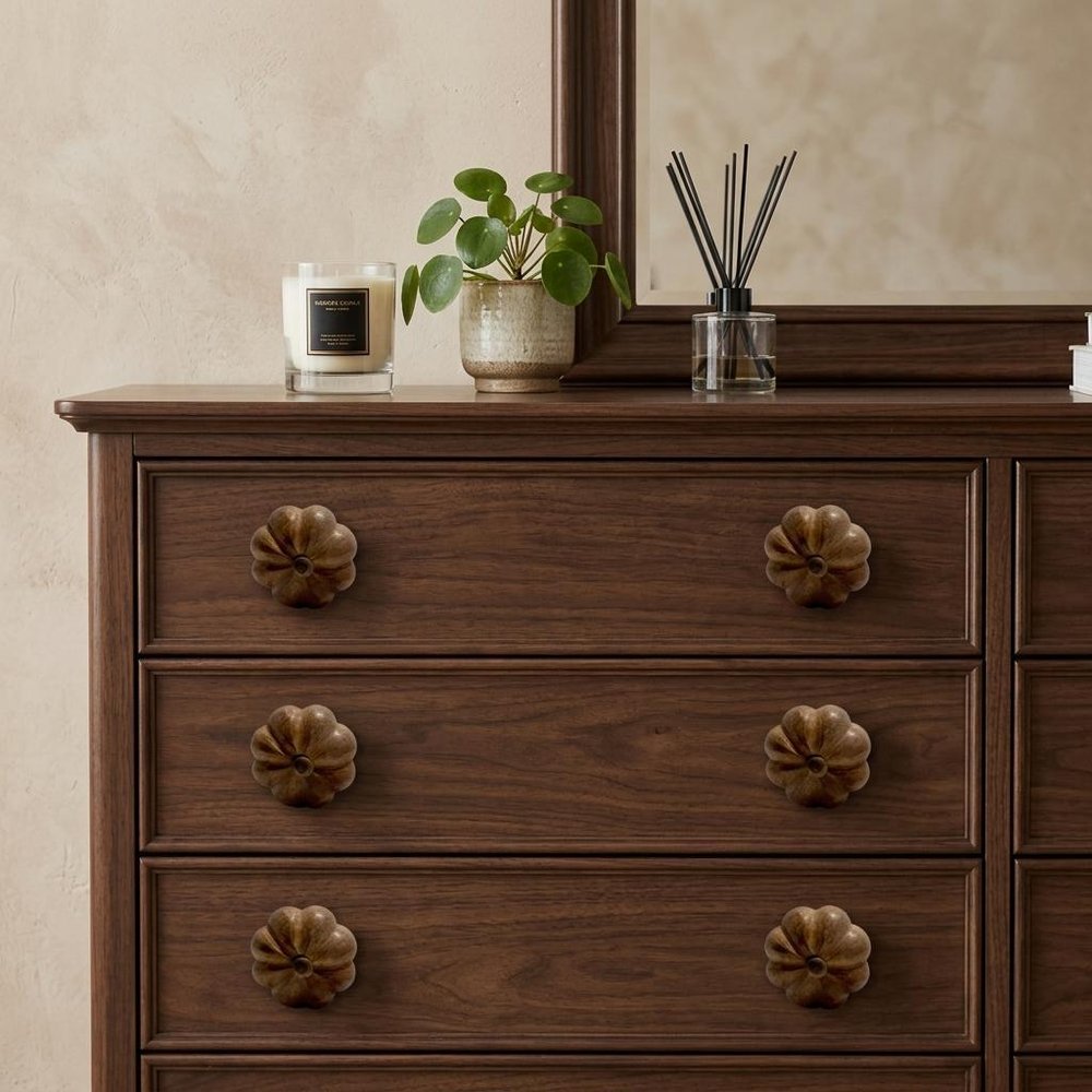 Set of Six Brown Floral Knob Wood Drawer Pull Knobs HomeRoots