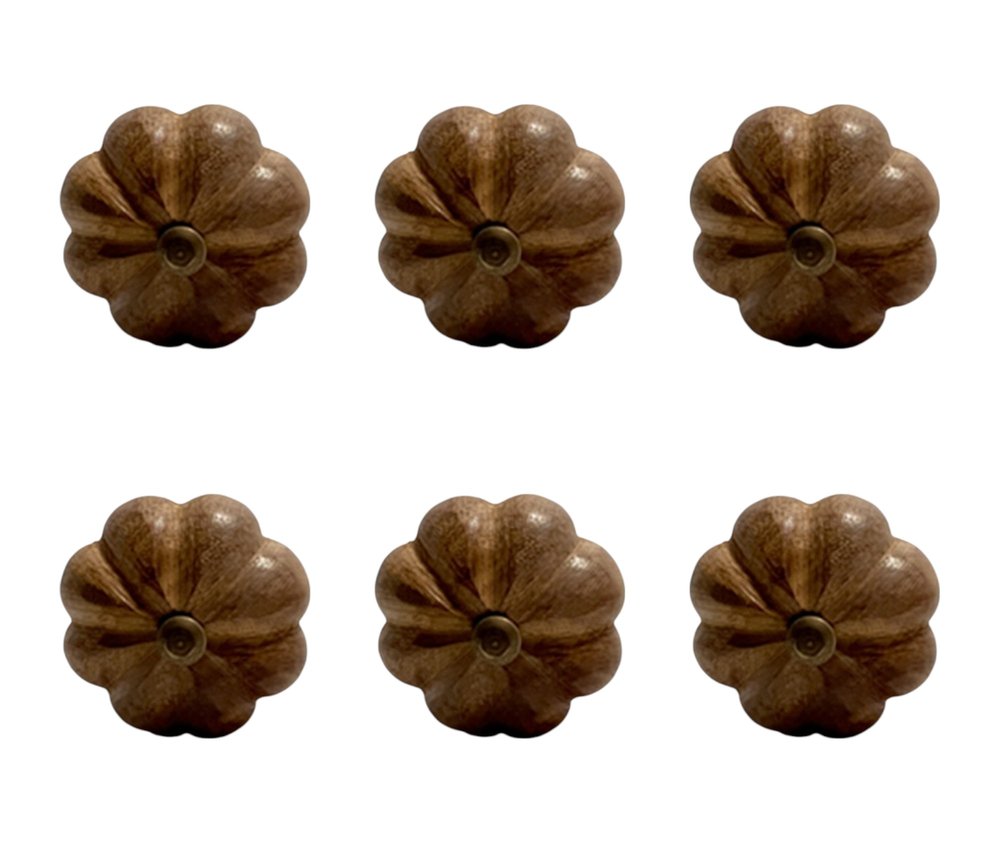 Set of Six Brown Floral Knob Wood Drawer Pull Knobs HomeRoots