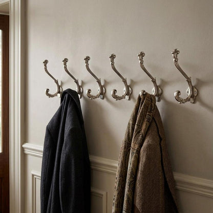 Set of Six Silver Cast Iron Baroque Scroll Wall Hooks