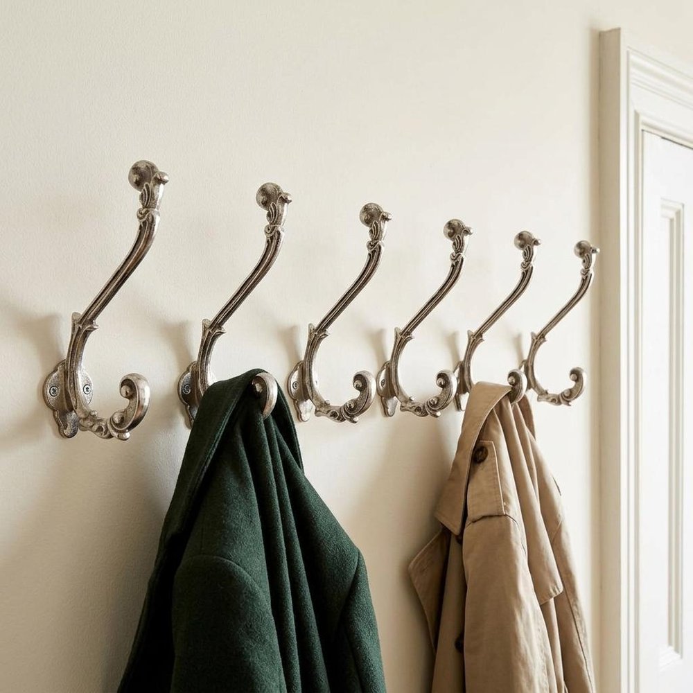 Set of Six Silver Cast Iron Baroque Scroll Wall Hooks