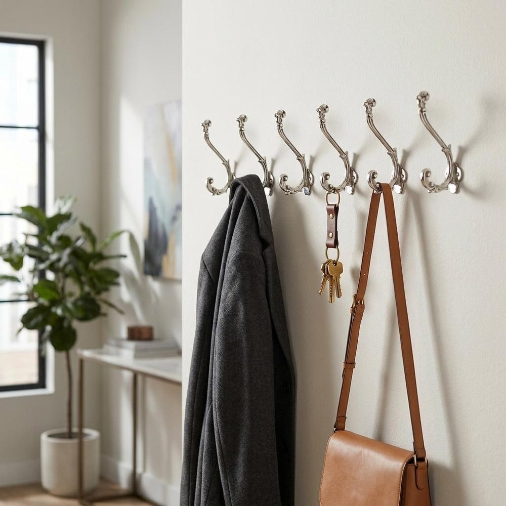Set of Six Silver Cast Iron Baroque Scroll Wall Hooks — view 1