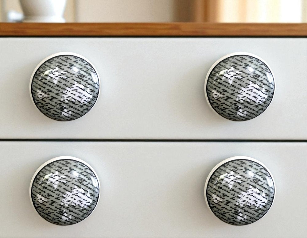 Set of Six White Poetic Script Ceramic Drawer Pull Knobs HomeRoots