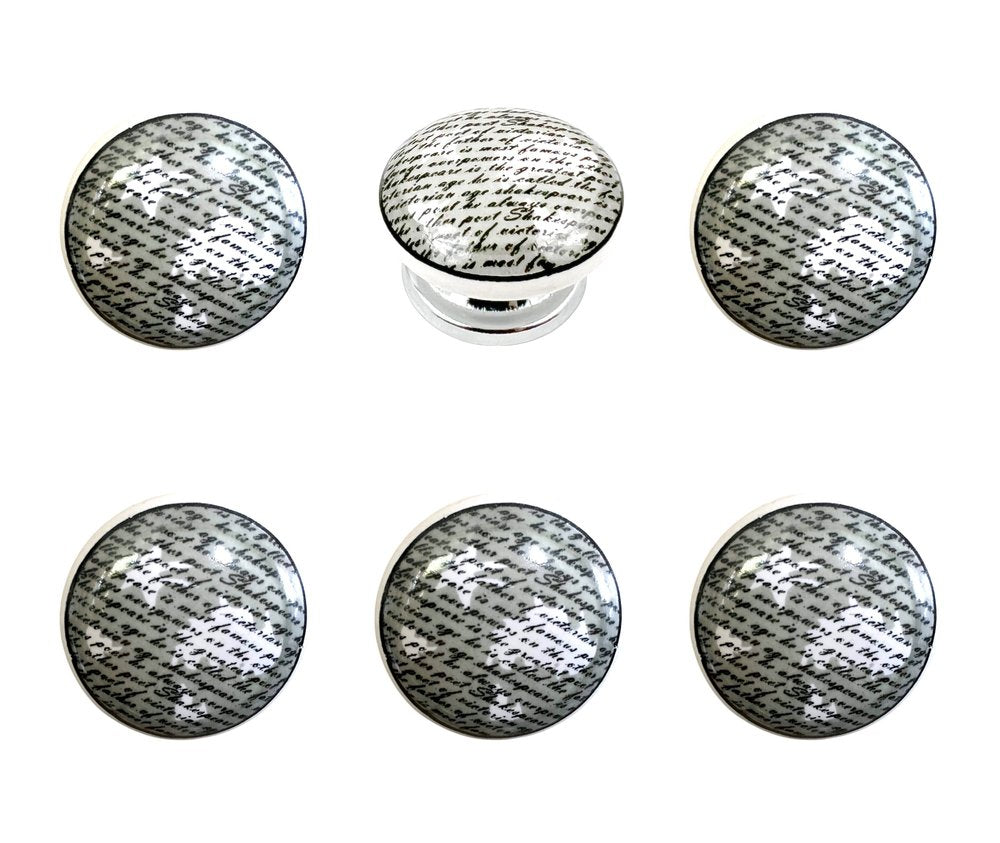 Set of Six White Poetic Script Ceramic Drawer Pull Knobs HomeRoots