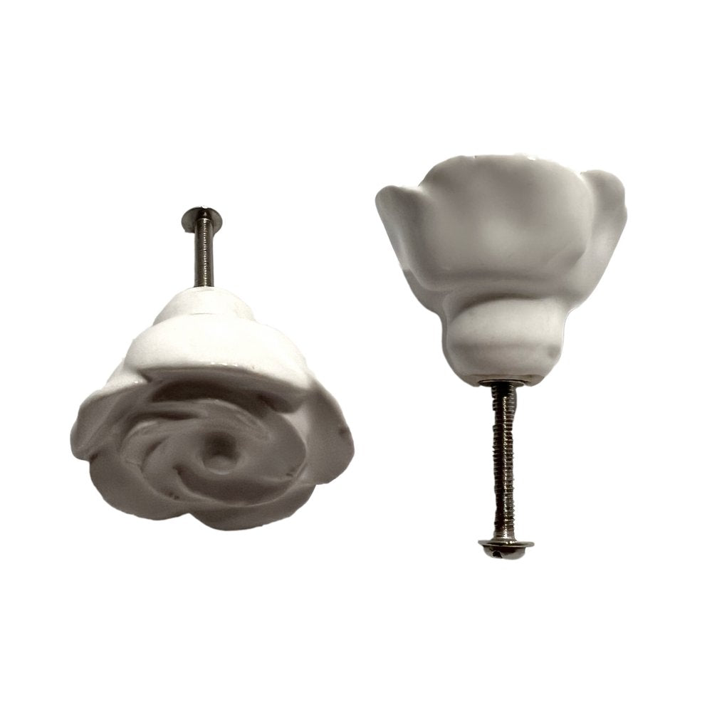 Set of Six White Ceramic Flower Shape Drawer Pull Knobs HomeRoots
