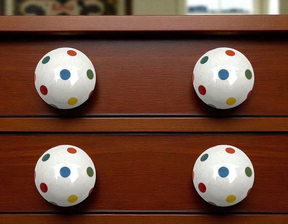 Set of Six Blue Green Off White And Red Polka Dots Ceramic Drawer Pull Knobs HomeRoots
