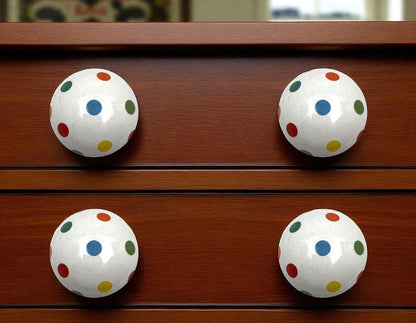 Set of Six Blue Green Off White And Red Polka Dots Ceramic Drawer Pull Knobs HomeRoots