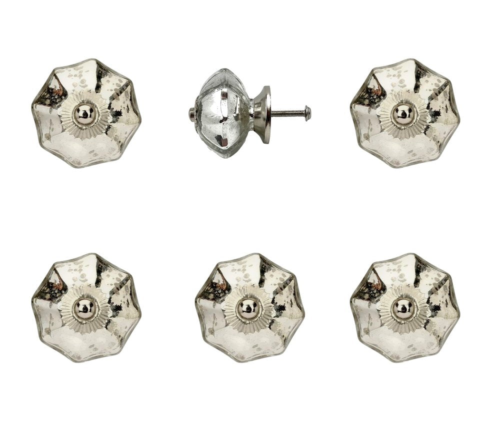 Set of Six Silver Glass Drawer Pull Knobs HomeRoots