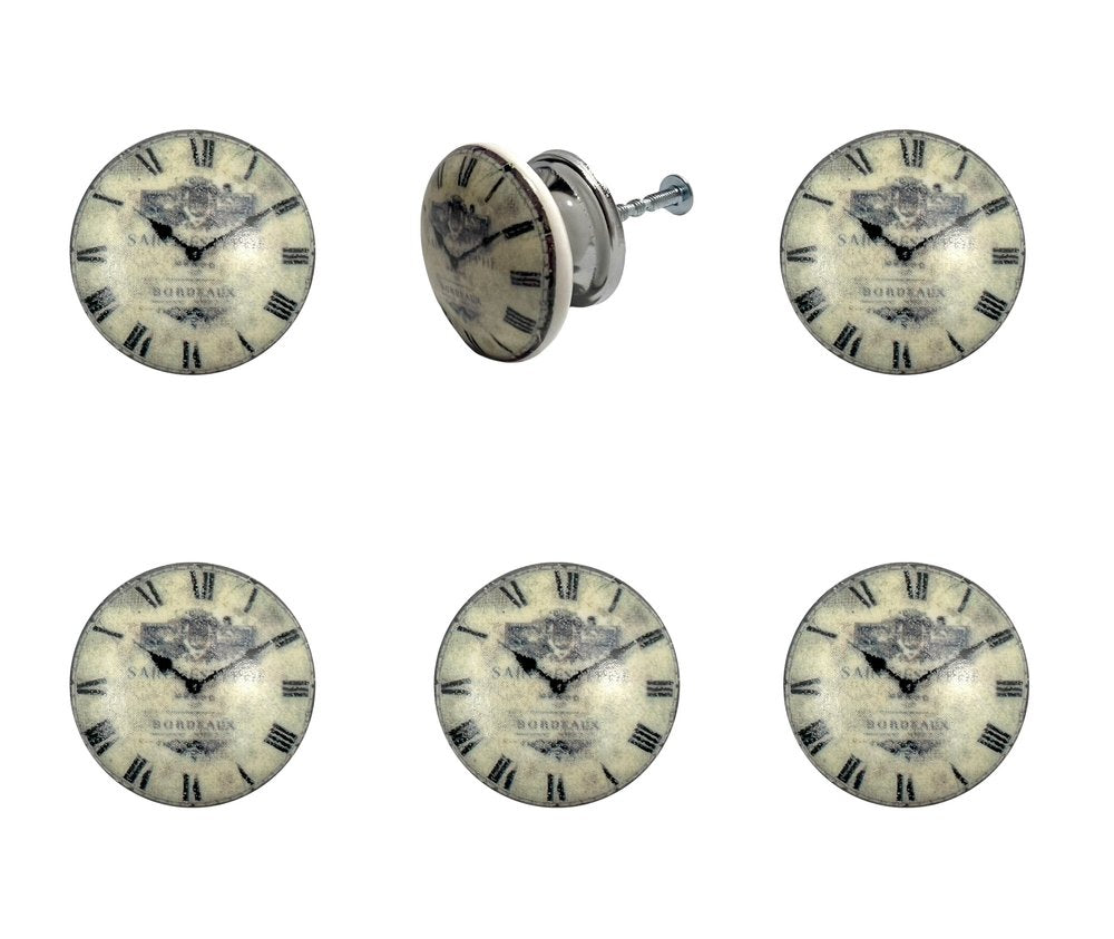 Set of Six Black And White Clock Face Ceramic Drawer Pull Knobs HomeRoots
