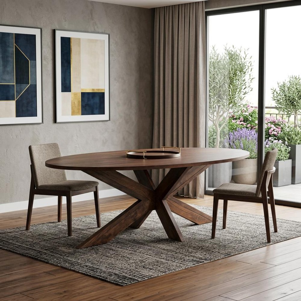 92" Brown Solid Wood Cross Leg Base Oval Dining Table — view 8