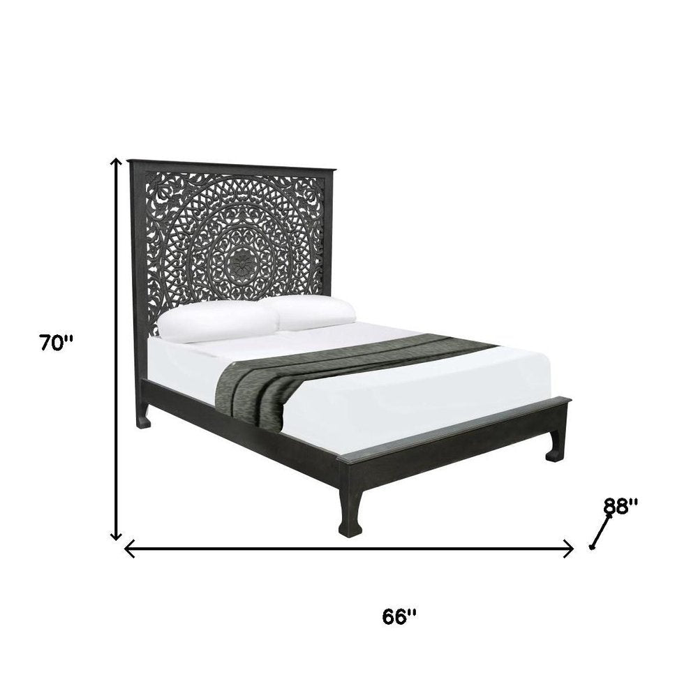 Black Carved Floral Distressed Solid Wood Queen Bed Frame HomeRoots