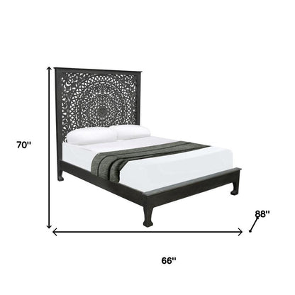 Black Carved Floral Distressed Solid Wood Queen Bed Frame HomeRoots