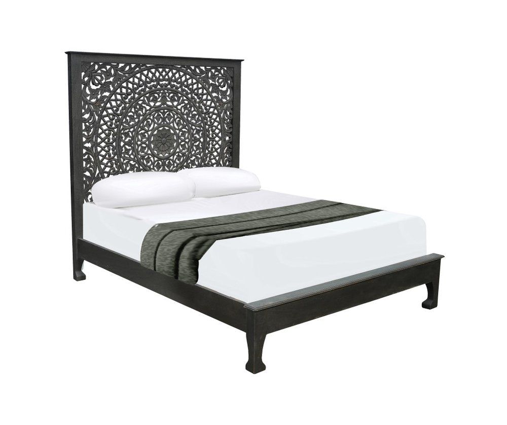 Black Carved Floral Distressed Solid Wood Queen Bed Frame HomeRoots
