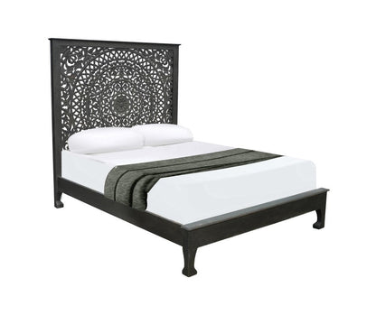 Black Carved Floral Distressed Solid Wood Queen Bed Frame HomeRoots