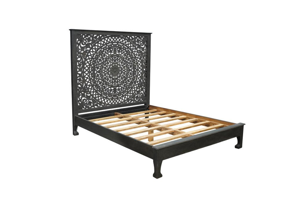 Black Carved Floral Distressed Solid Wood Queen Bed Frame HomeRoots