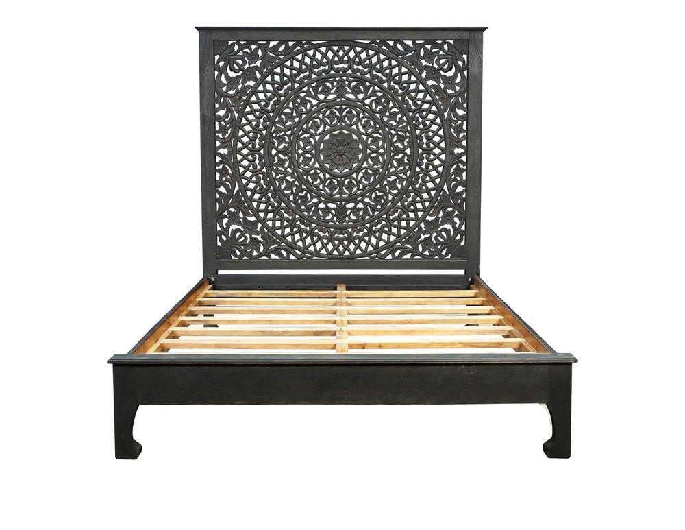 Black Carved Floral Distressed Solid Wood Queen Bed Frame HomeRoots