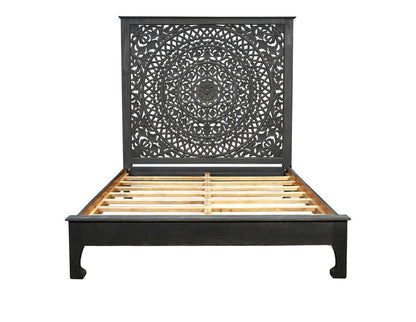 Black Carved Floral Distressed Solid Wood Queen Bed Frame HomeRoots