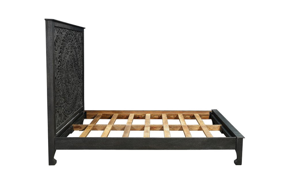 Black Carved Floral Distressed Solid Wood Queen Bed Frame HomeRoots