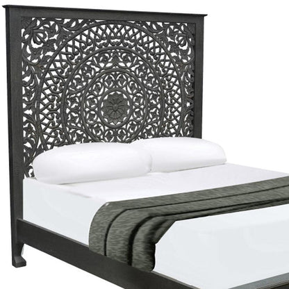 Black Carved Floral Distressed Solid Wood Queen Bed Frame HomeRoots