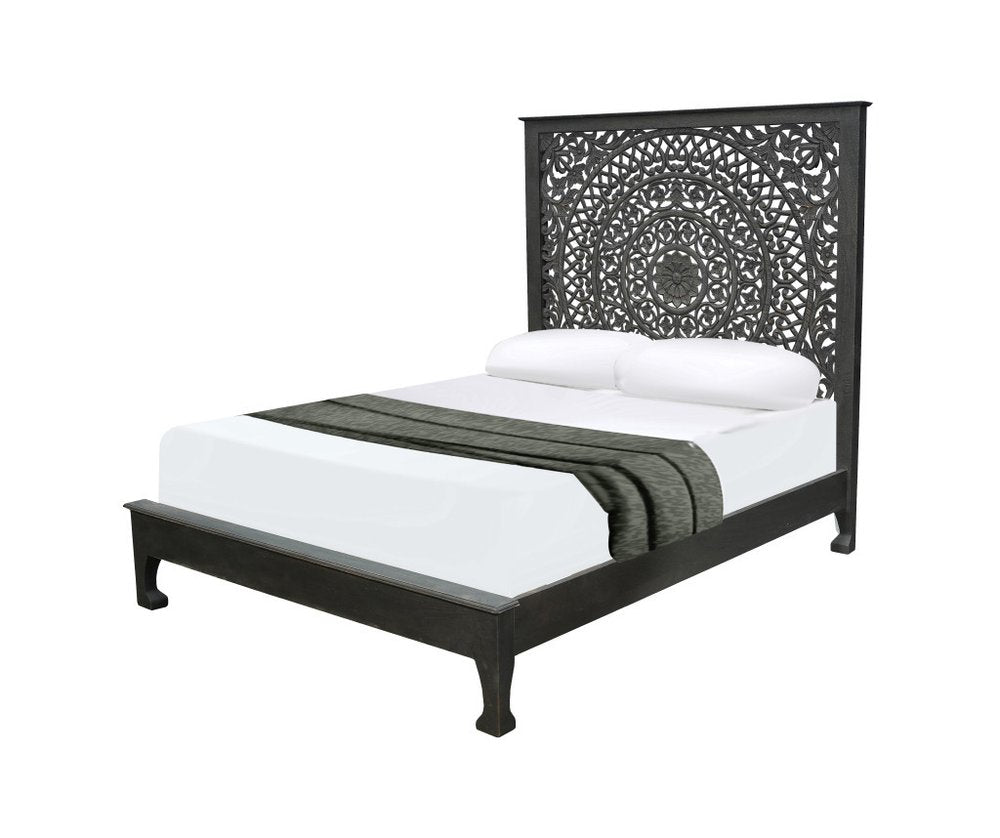 Black Carved Floral Distressed Solid Wood Queen Bed Frame HomeRoots