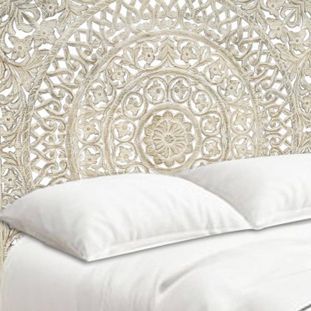 Gray Carved Floral Distressed Solid Wood Queen Bed Frame HomeRoots