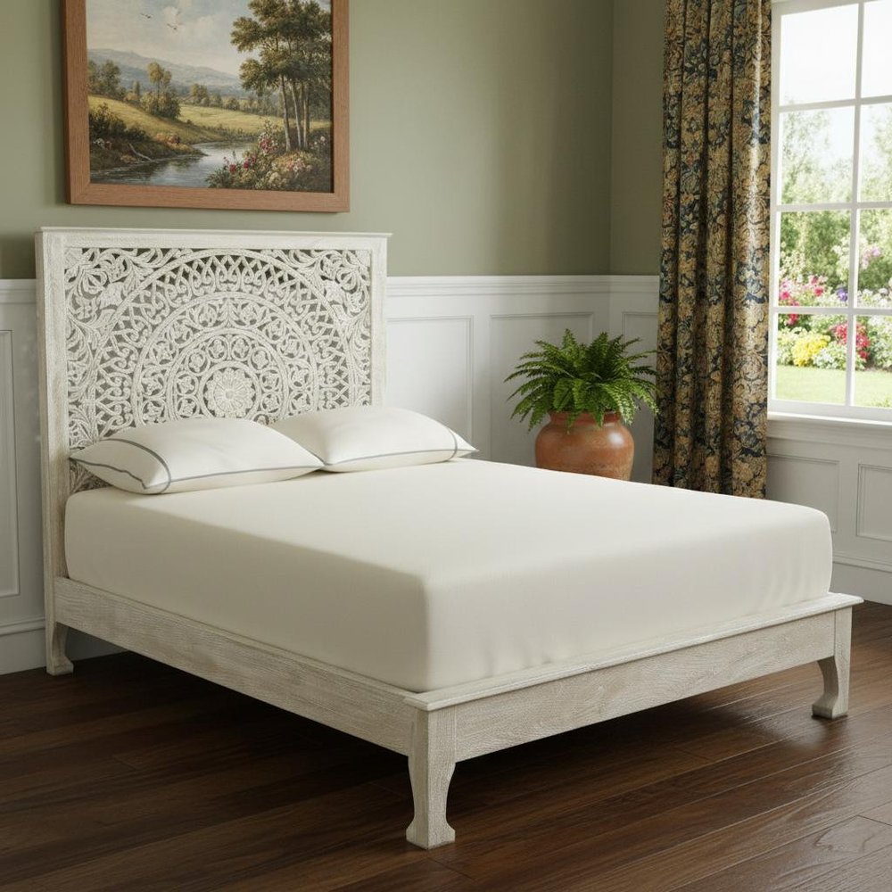 Gray Carved Floral Distressed Solid Wood Queen Bed Frame — view 10